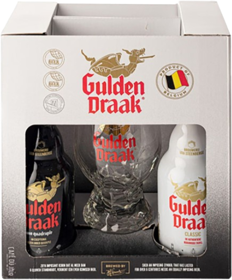 Geschenkverpakking van Gulden Draak met twee bierflessen en een glas in witte doos.