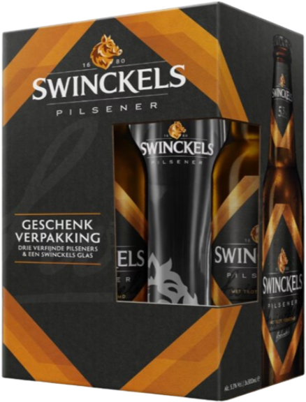 Swinckels pilsener geschenkverpakking met drie flesjes en een bierglas in zwarte en gouden doos.