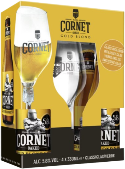 Cornet Gold Blond biercadeau met vier flesjes en bijgevoegd glas in geel-zwarte verpakking.
