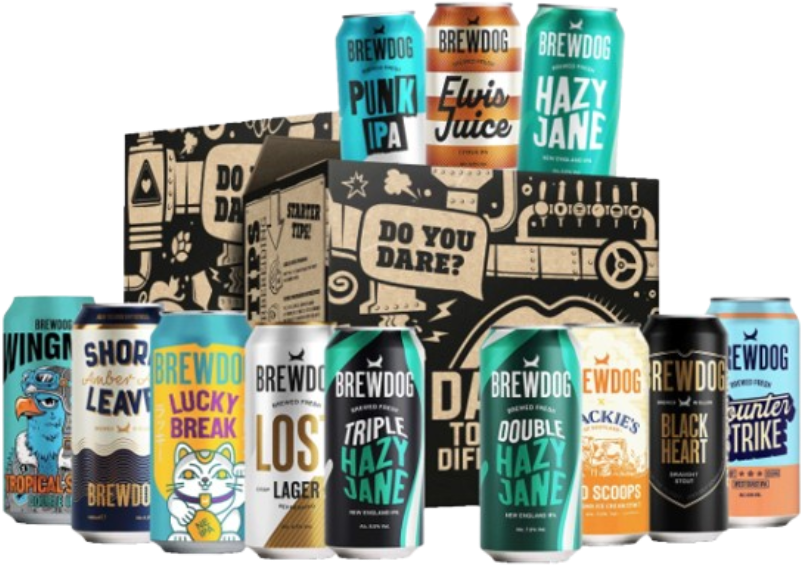 BrewDog bierpakket met diverse blikjes en zwarte doos met Do you dare-opdruk.