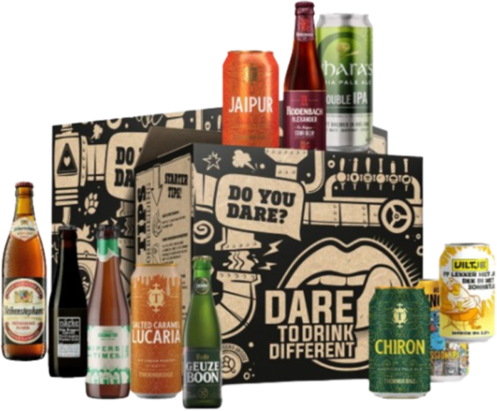 World Craft bierpakket met bedrukte Dare to Drink Different doos en diverse speciaalbieren.