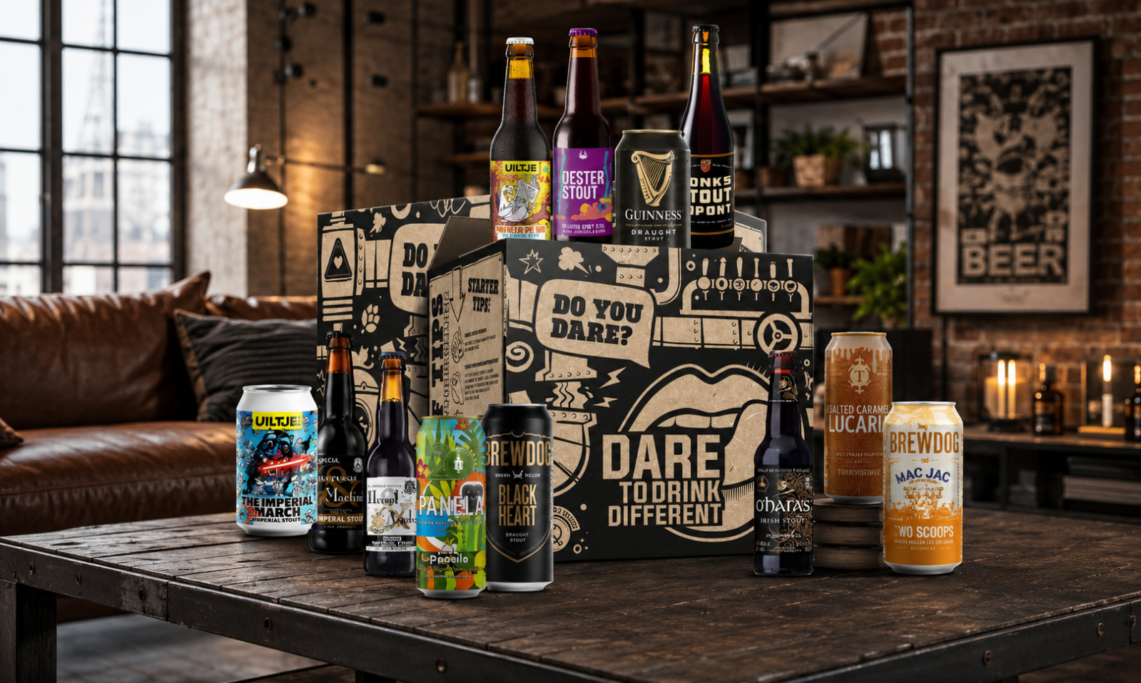 Stout- en porterbierpakket met diverse blikken en flessen rond een DtDD cadeauverpakking op houten tafel