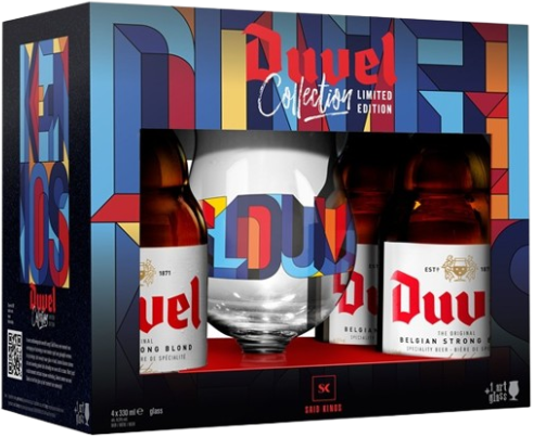 Duvel Collection bierpakket met kleurrijke doos, Duvel-flesjes en een glas in het midden.