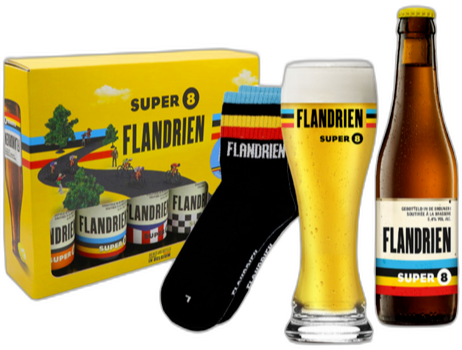 Super 8 Flandrien biercadeau met vier speciaalbieren, proefglas en wielersokken