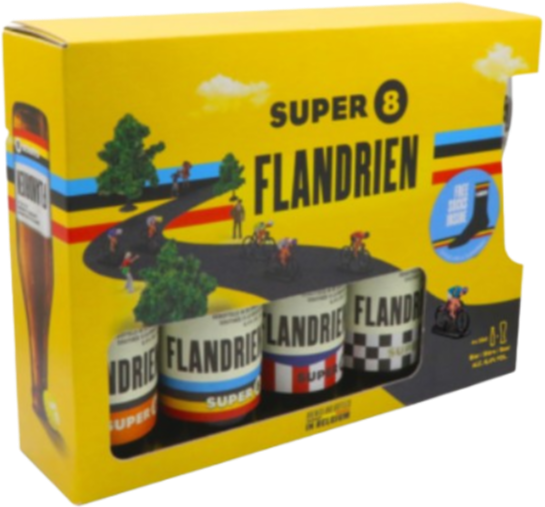 Gele Super 8 Flandrien biercadeauverpakking met bierblikjes, glas en wielersokken.