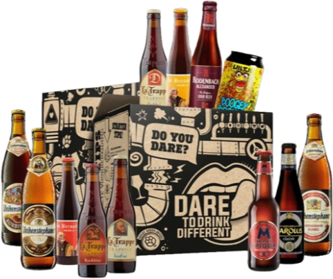 Bockbierpakket met Dare to Drink Different doos, bierflessen en een blik op zwarte achtergrond
