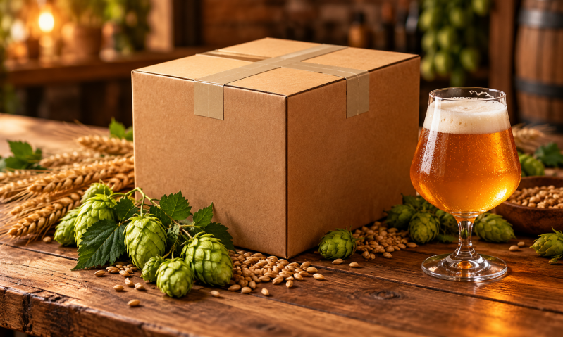 Kartonnen doos op houten tafel naast hopbellen, gerstekorrels en een glas goudkleurig bier
