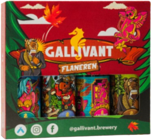 Kleurvolle cadeauverpakking met vier verschillende biervaten en Gallivant Flaneren-merklogo