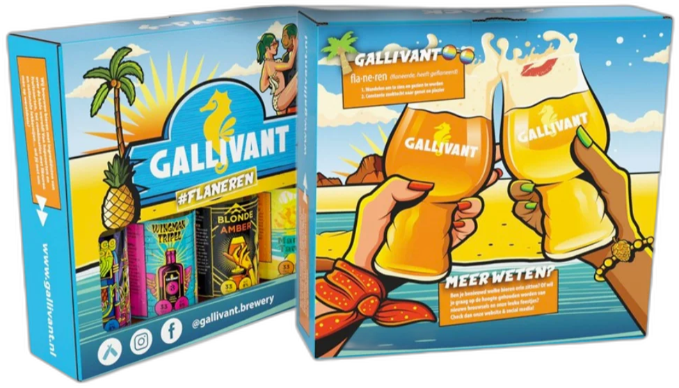 Verpakt Gallivant Flaneren verrassingspakket met twee kleurrijke dooszijdes en blik op vier biertjes.