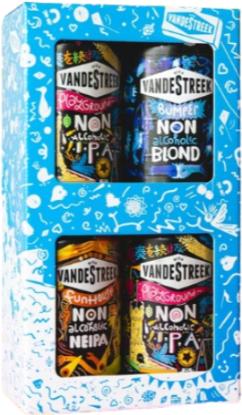 Blauw cadeauverpakking met vier kleurrijke vandeStreek alcoholvrije bierblikken zichtbaar in vensters