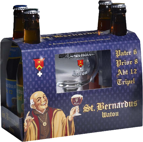 St Bernardus bierpakket met vier diverse bieren en een glas