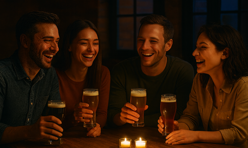 vier mensen met verschillende bieren in de hand