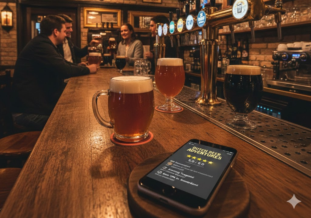 Gezellig Nederlands speciaalbiercafé met diverse bieren op de toog, lachende gasten aan de bar en een smartphone met bierbeoordelingen op de voorgrond.
