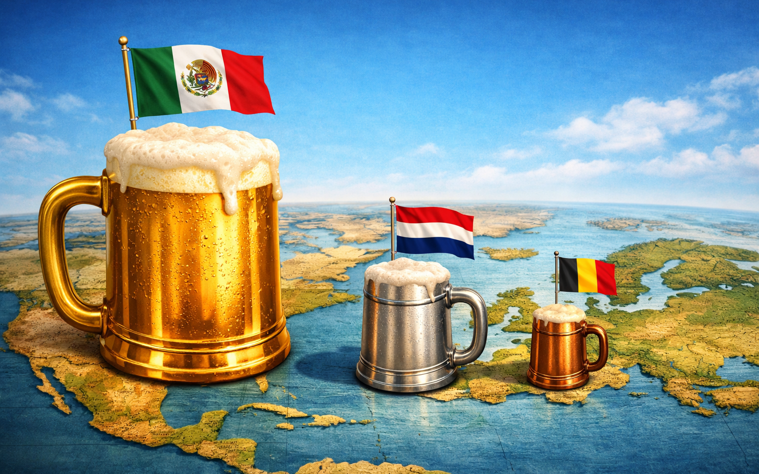 Illustratie van bierexport door Mexico, Nederland en België weergegeven met landvlaggen.