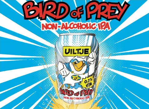 Blikje Bird of Prey non-alcoholic IPA op blauwe achtergrond met stripstijl.