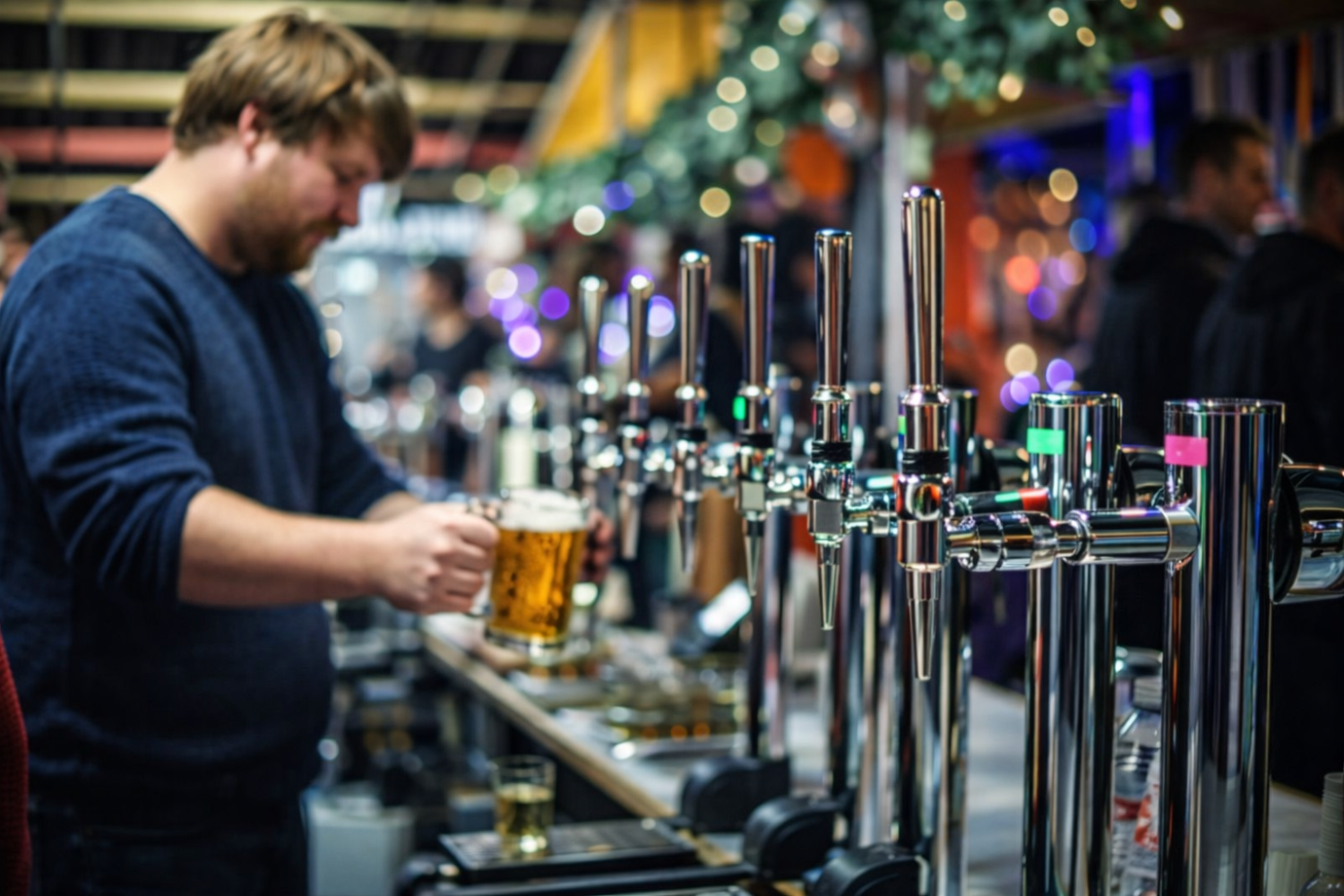 Man schenkt bier in een mok bij een bar met meerdere tapkranen op de achtergrond.