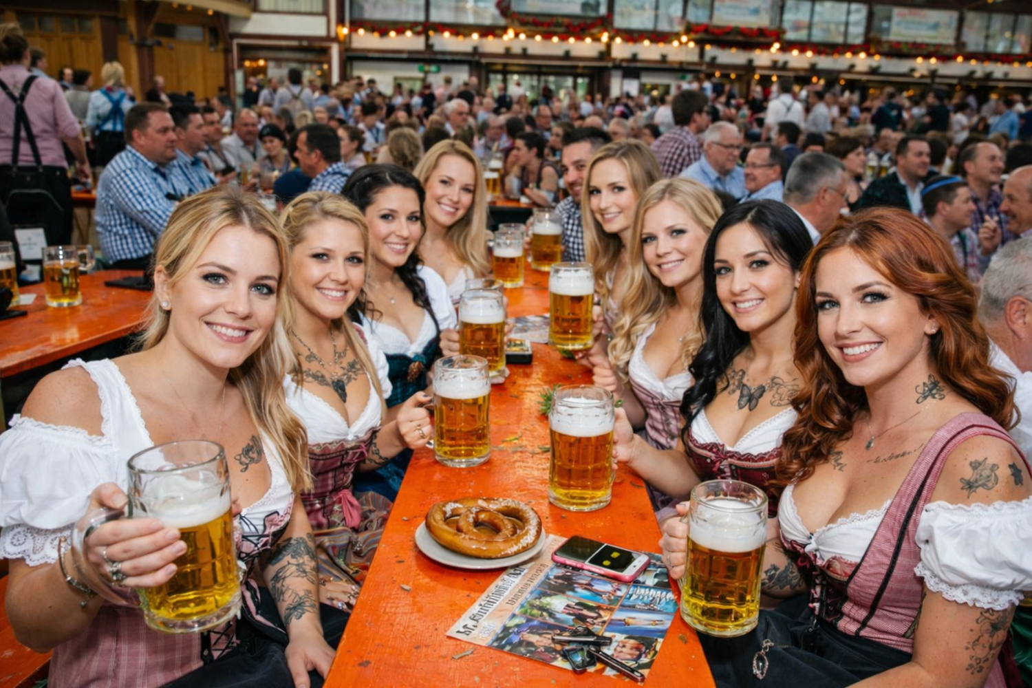 Groep mensen in traditionele klederdracht met bierpullen aan een tafel op een festival.