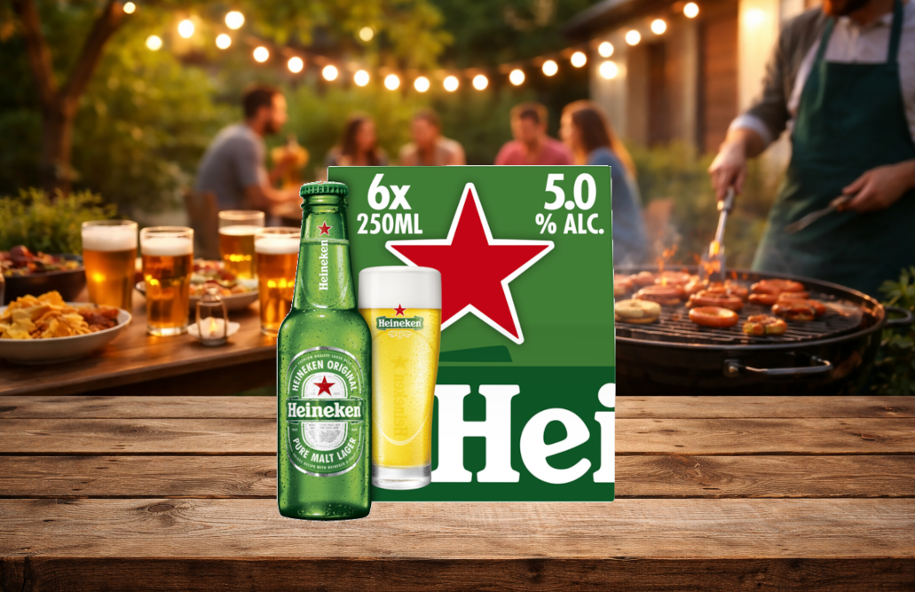 Heineken 6-pack bier naast barbecue en mensen op achtergrond.