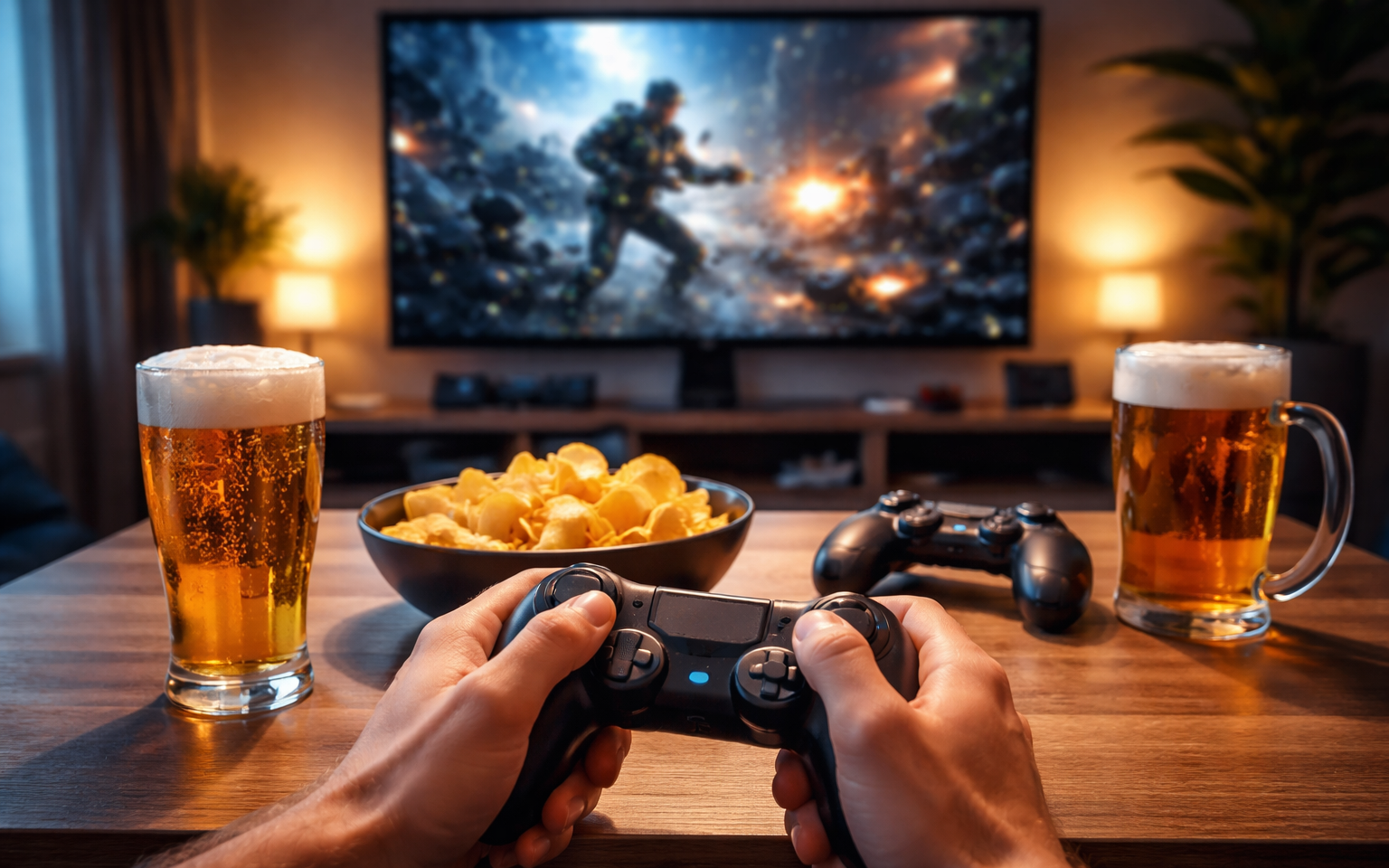 Iemand speelt videogames met chips en bier op tafel.