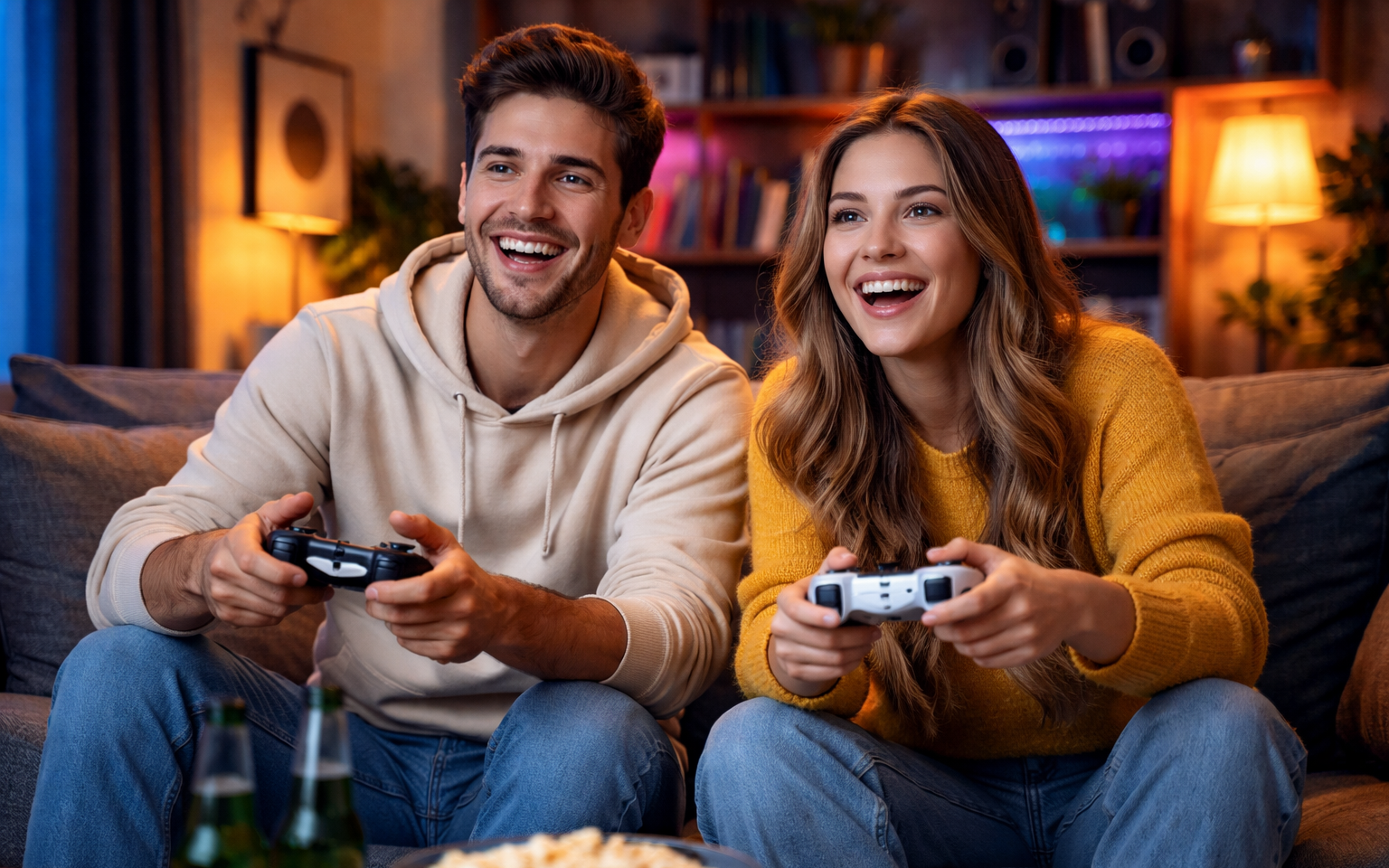 Twee personen spelen videospel met controllers op een bank met bierflesjes op de voorgrond.