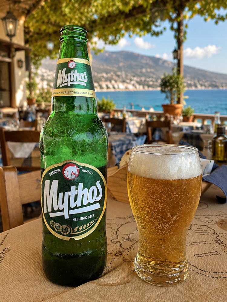 Groene fles Mythos bier en glas bier met schuim op tafel aan zee met bergen op de achtergrond.