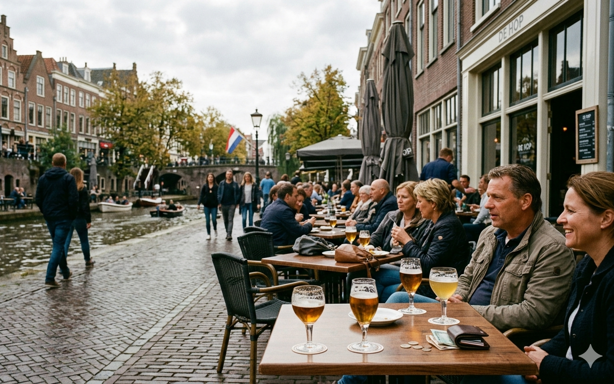 Terras aan een grachtenstraat met mensen die bier drinken.