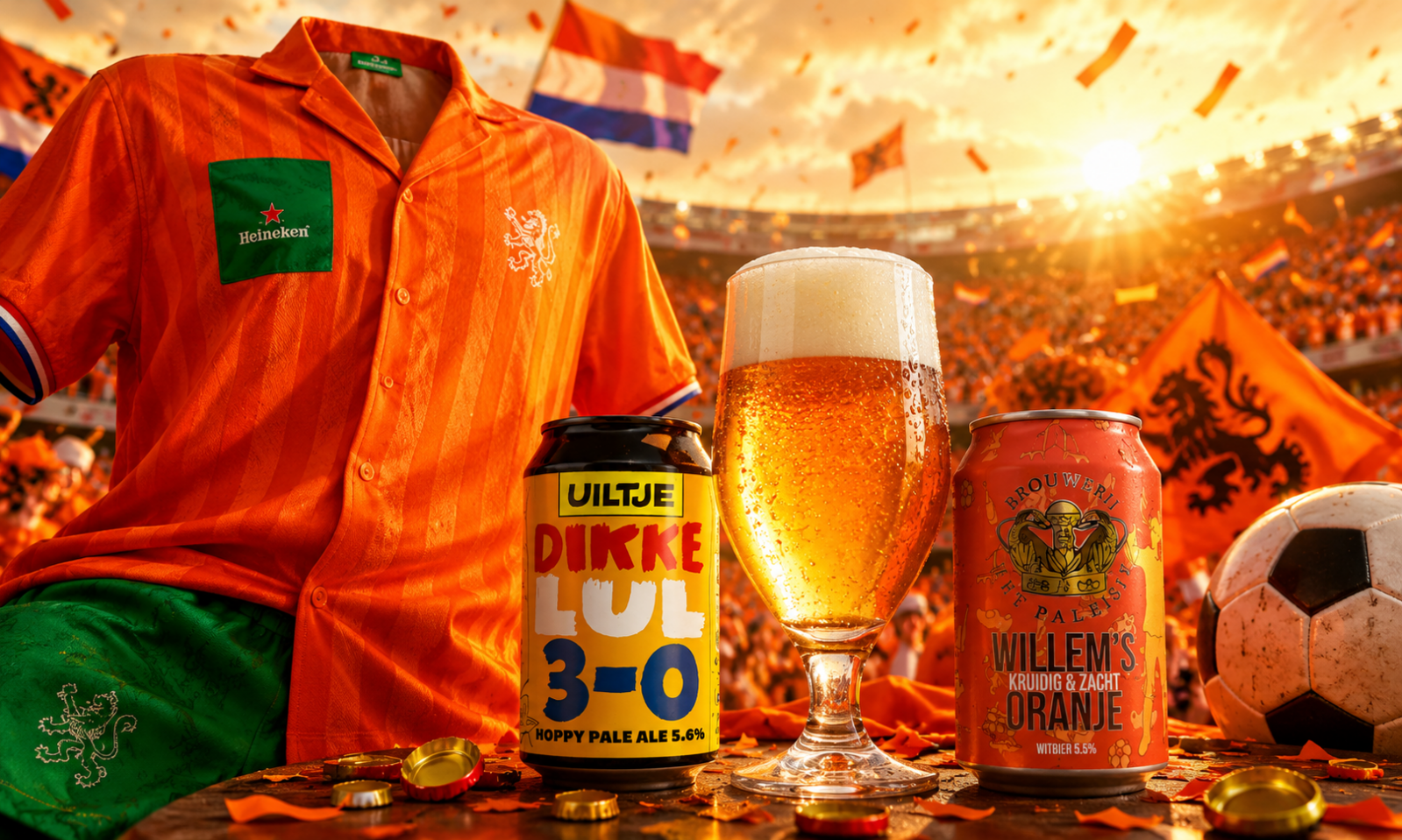 Oranje voetbalshirt en bierblikken in een stadion vol oranje fans bij zonsondergang.