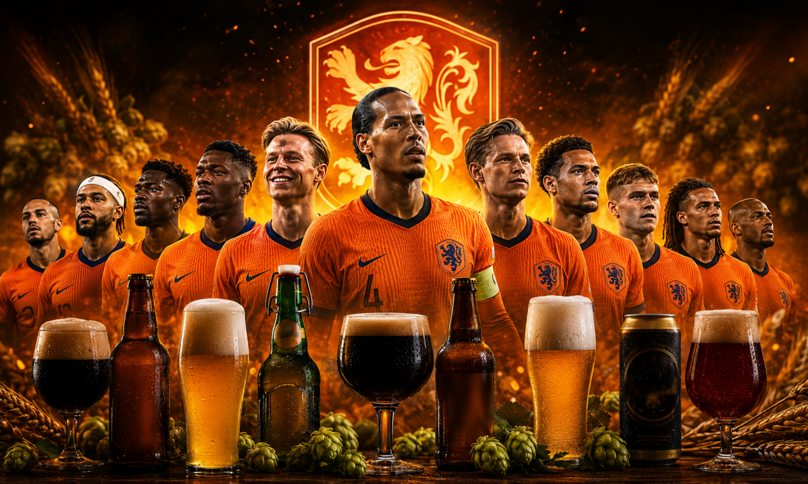 Oranje voetballers in tenue met bierglazen en flessen op de voorgrond.