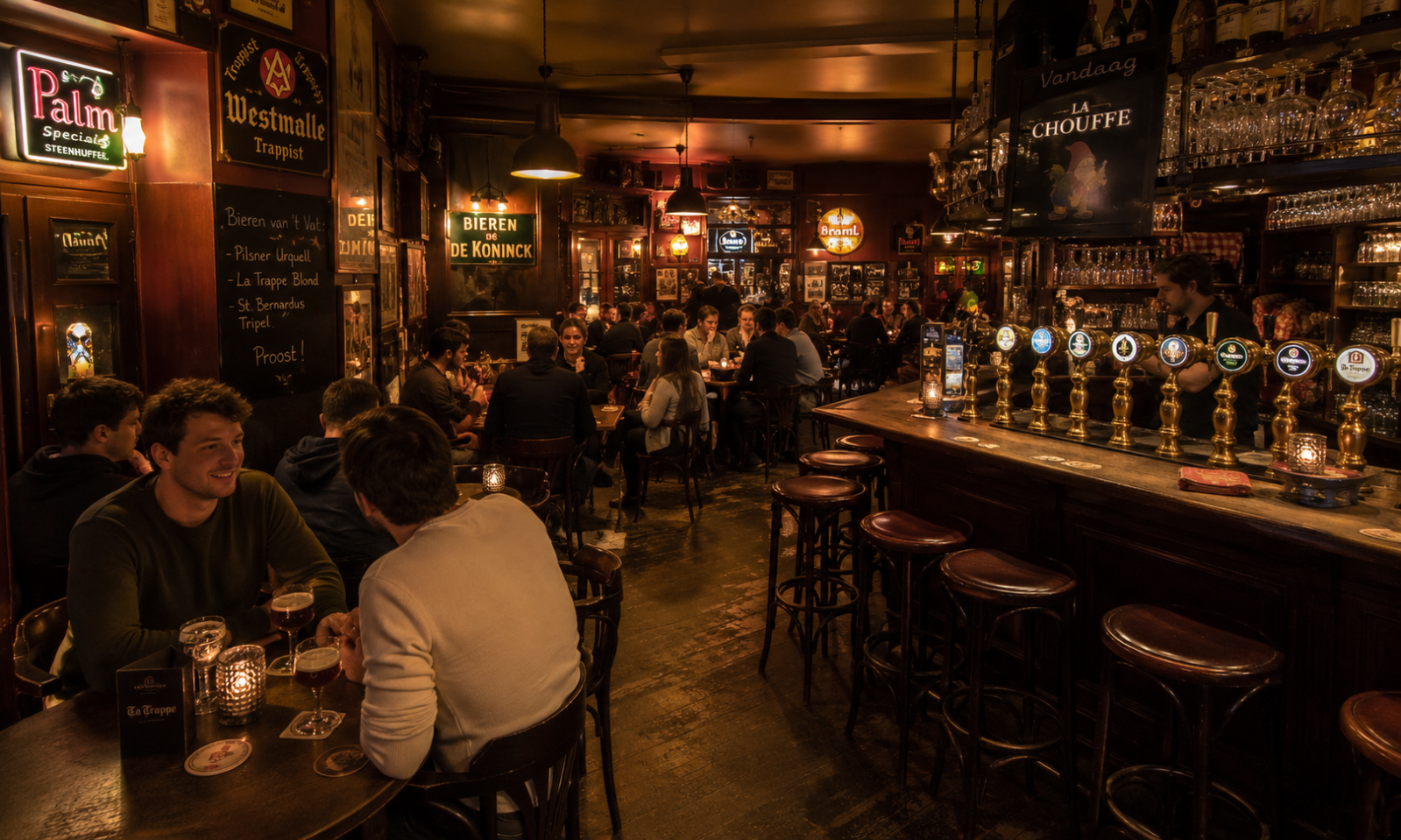 Gezellige bruine kroeg met mensen aan tafels en een lange bar met bierkranen.