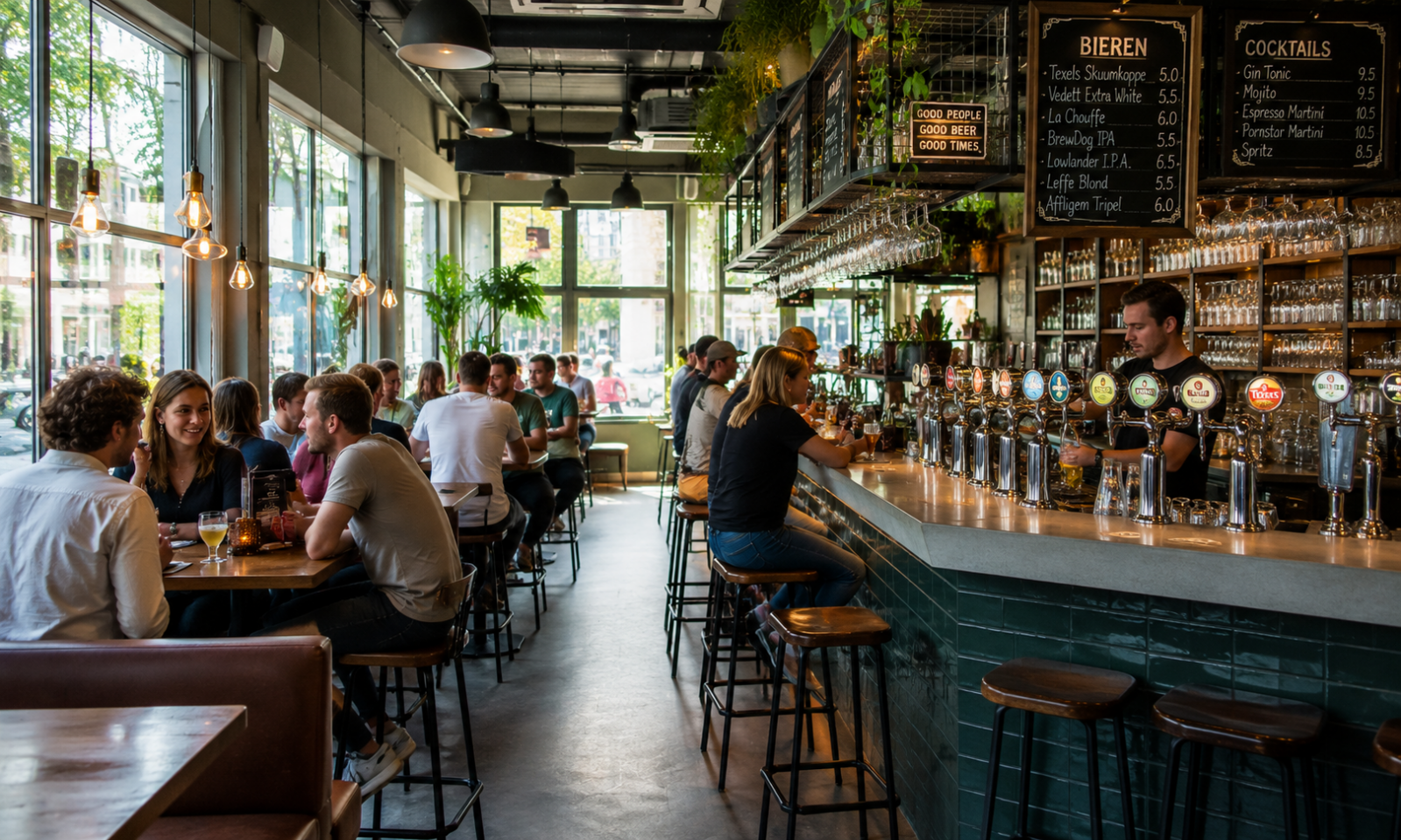 Vol, sfeervol biercafé met mensen aan de bar en tafels, onder een krijtbordmenu.