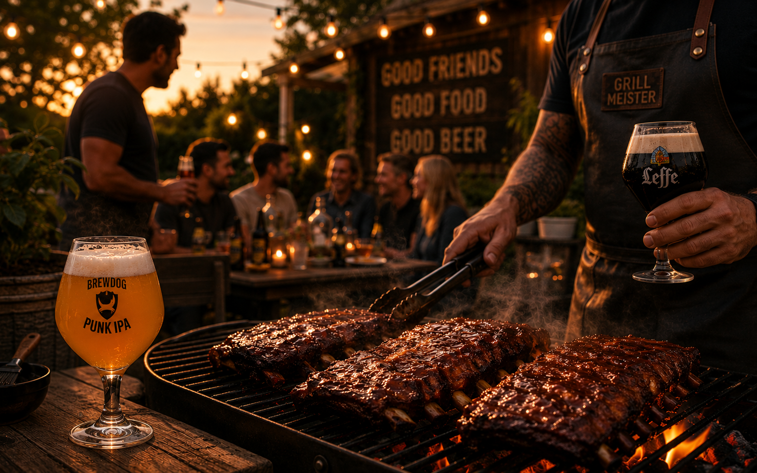 Spareribs op de barbecue met glazen speciaalbier en vrienden op een sfeervol terras.