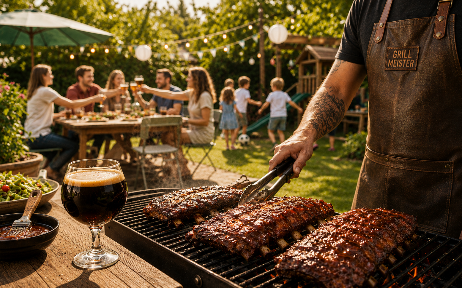 Gegrilde spareribs met donker bier op tafel tijdens een zomerse barbecue in de tuin.