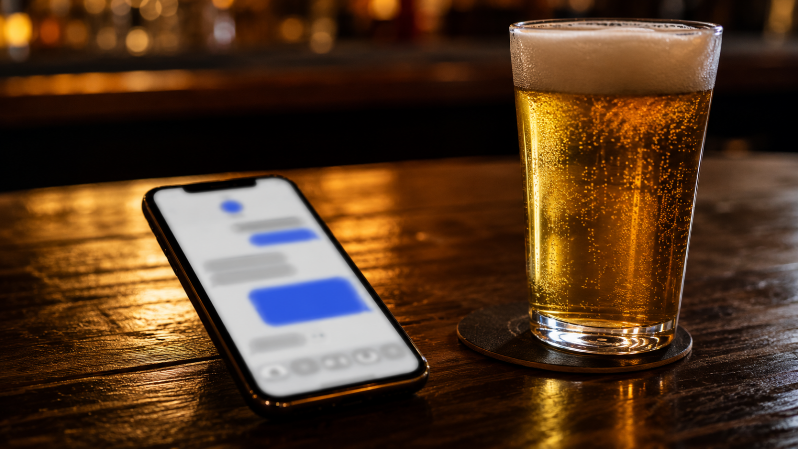 Glas goudkleurig bier naast smartphone met chat op een houten bar in warme cafésfeer.
