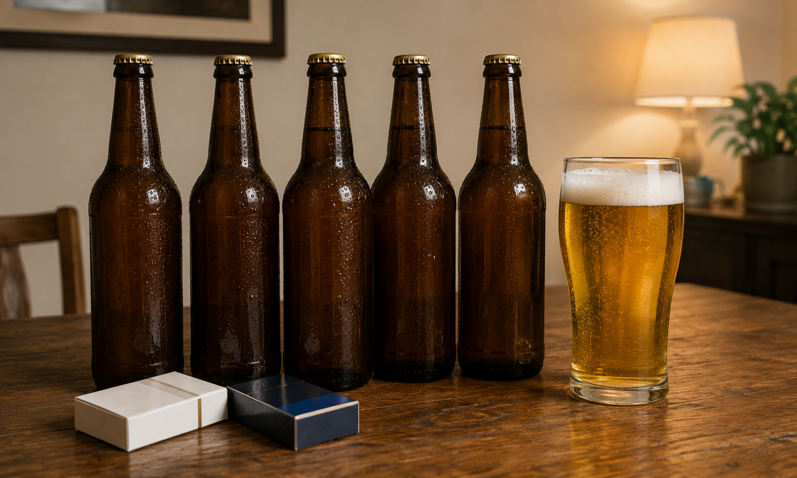 Vijf bruine bierflessen, een glas bier en twee sigarettenpakjes op een houten tafel.