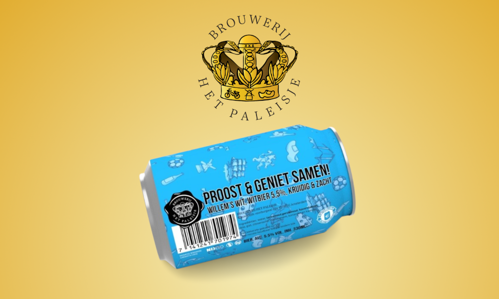 Brouwerij het Paleisje logo en blikje bier op gouden achtergrond