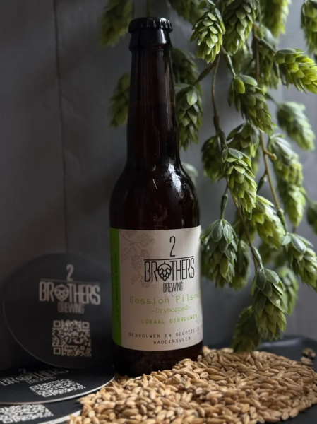 Flesje bier van 2 Brothers Brewing met mout ervoor en hopbloemen ernaast