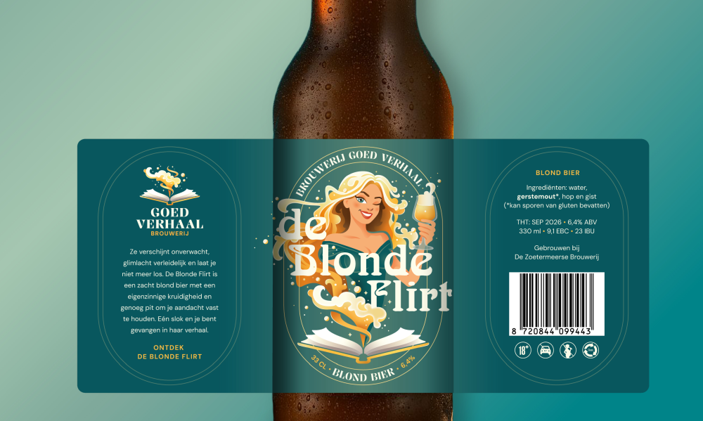 Etiket van een bierfles met een blonde vrouw en branding details.