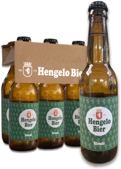 Hengelo Bier Blonde sixpack in een karton verpakking en los flesje ervoor