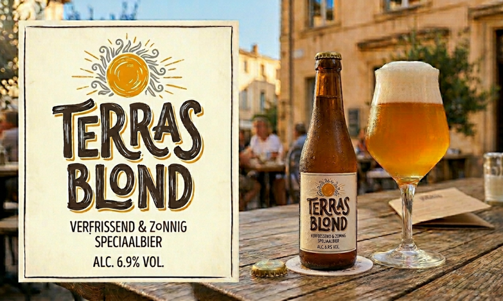 Terras Blond fles en glas op houten tafel in zonnig terras.