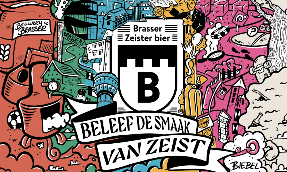Kleurrijke illustratie van Brasser Zeister bier met diverse symbolische elementen die smaak en beleving van Zeist uitdrukken.