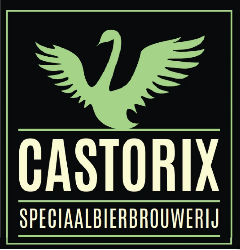 Logo van Castorix speciaalbierbrouwerij met een groene zwaan op een zwarte achtergrond.