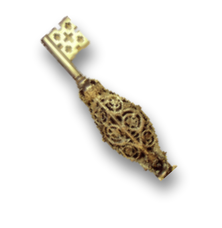 Antieke metalen sleutel met een decoratieve, gegraveerde handgreep tegen een zwarte achtergrond.