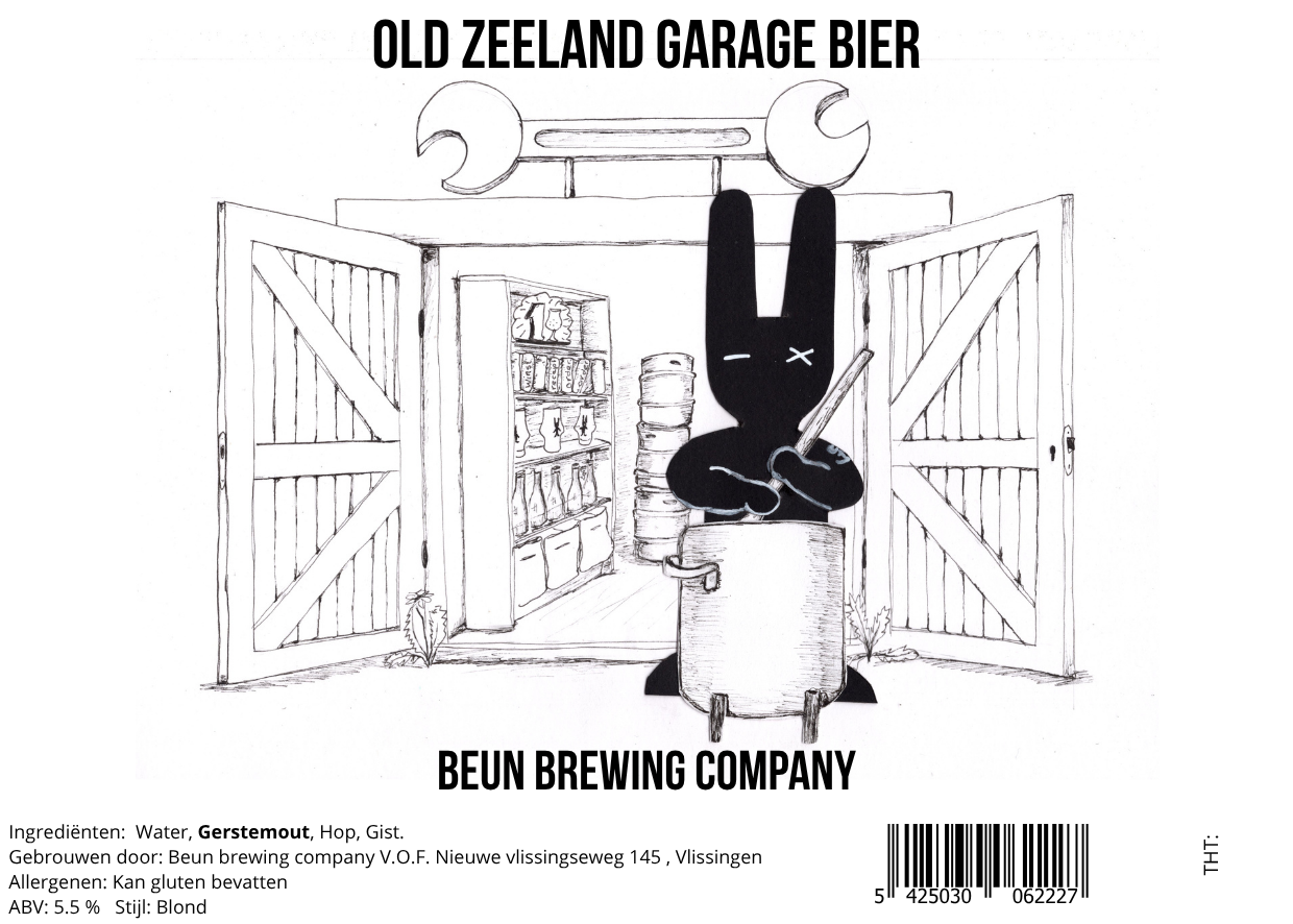 Illustratie van een zwart konijn met trommel in een garage met gereedschap.