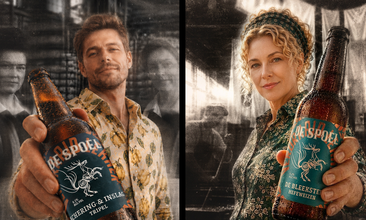 Man en vrouw houden flessen De Spoel-bier naar voren in een sfeervolle vintage collage.
