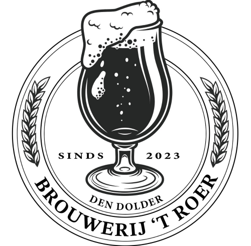 Zwart-wit logo van Brouwerij 't Roer met schuimend bierglas, graanhalmen en tekst Den Dolder.