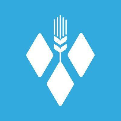 Wit logo met drie ruiten en een gestileerde hand op een blauwe achtergrond.