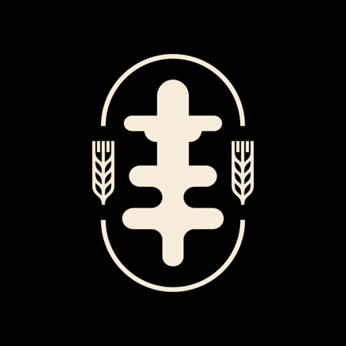 Beeldmerk in ivoor op zwart: een gestileerd symbool tussen twee graanaren binnen een ovaal.