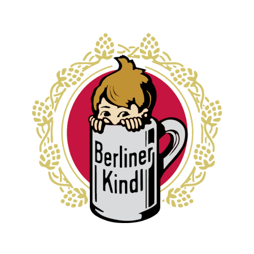 Rond logo met een kind in een bierpul, omringd door hopranken, met de tekst Berliner Kindl.