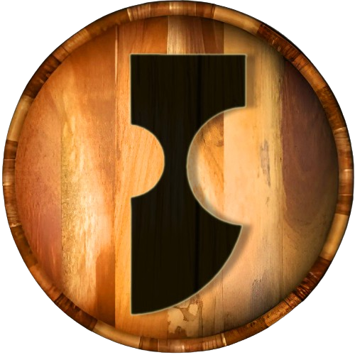 Rond logo in de vorm van een houten vatbodem met een zwart gestileerd druppelteken.