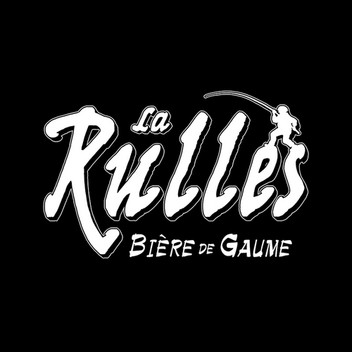 Wit handgeschreven woordmerk La Rulles met de tekst Biere de Gaume op zwarte achtergrond.
